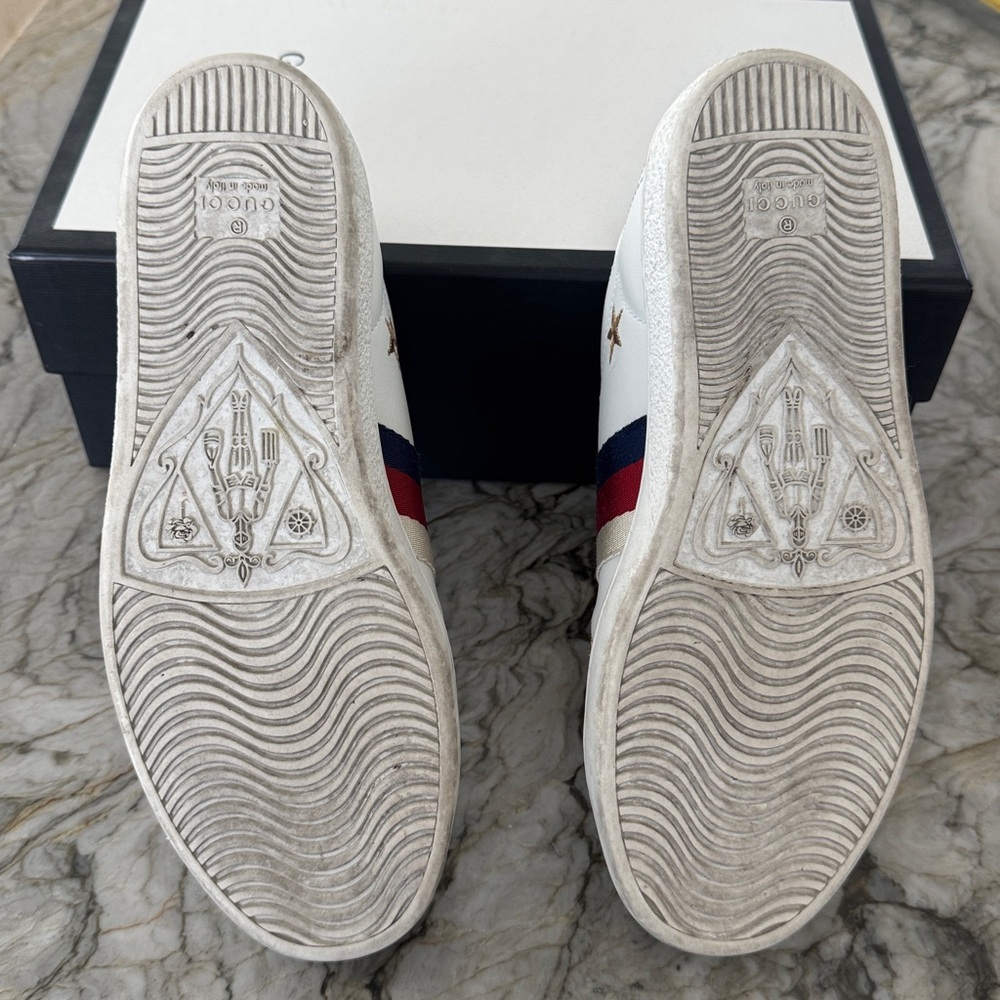Gucci White Embroidered Bee & Star Sneakers w/ Beige Red & Blue Stripe size 6.5 - Picture 4 of 6